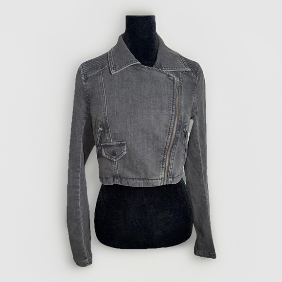 Free People Cropped Moto Jean Jacket Faded Black Cropped Size XS Full Zip Pocket - Picture 5 of 9